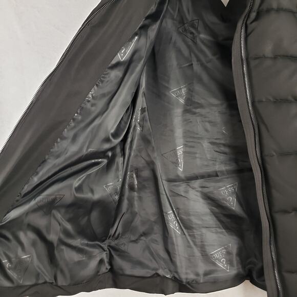 Guess Women's S Quilted Down Puffer Jacket Solid Black Hooded Winter Warm Staple - Picture 7 of 14